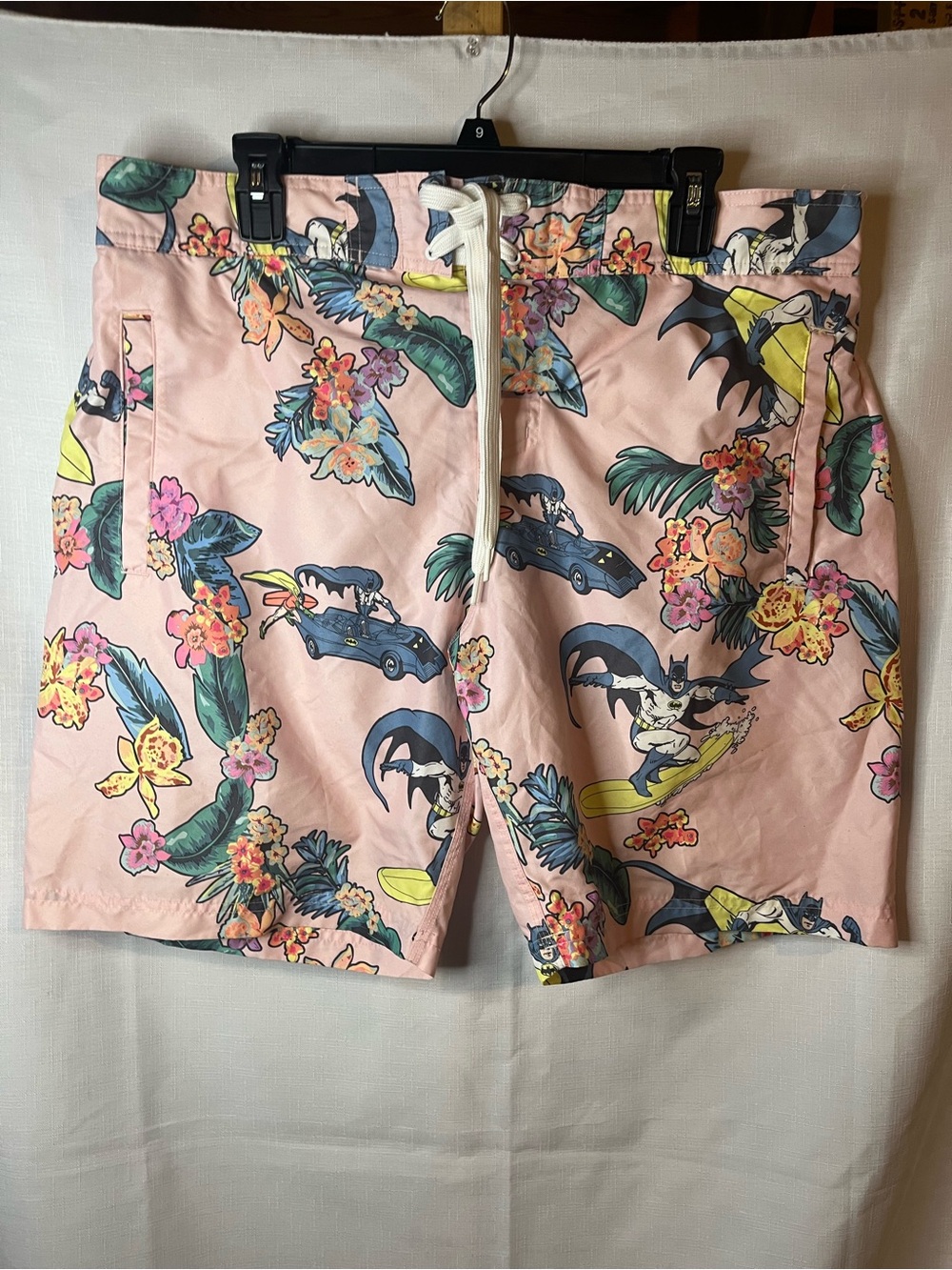 Pink Floral & Character Print Swim Trunks Batman